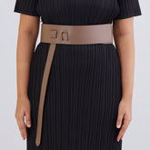Beige co-ord set, side profile, pleated pants